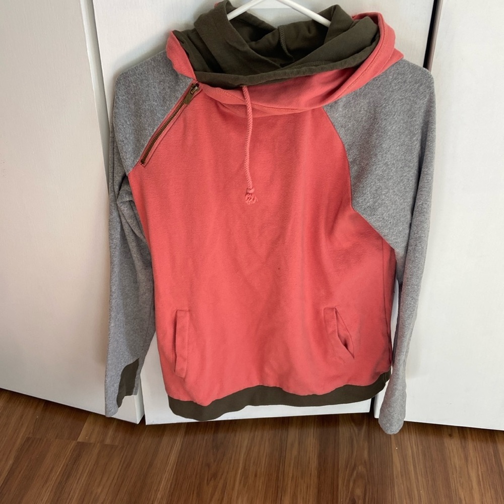Ampersand Ave coral,gray & green double hooded sweatshirt good used condition